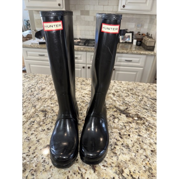 Hunter  Womens Original Tall gloss Rain Boots SIZE US 7 female  Black 4411 - Picture 1 of 9
